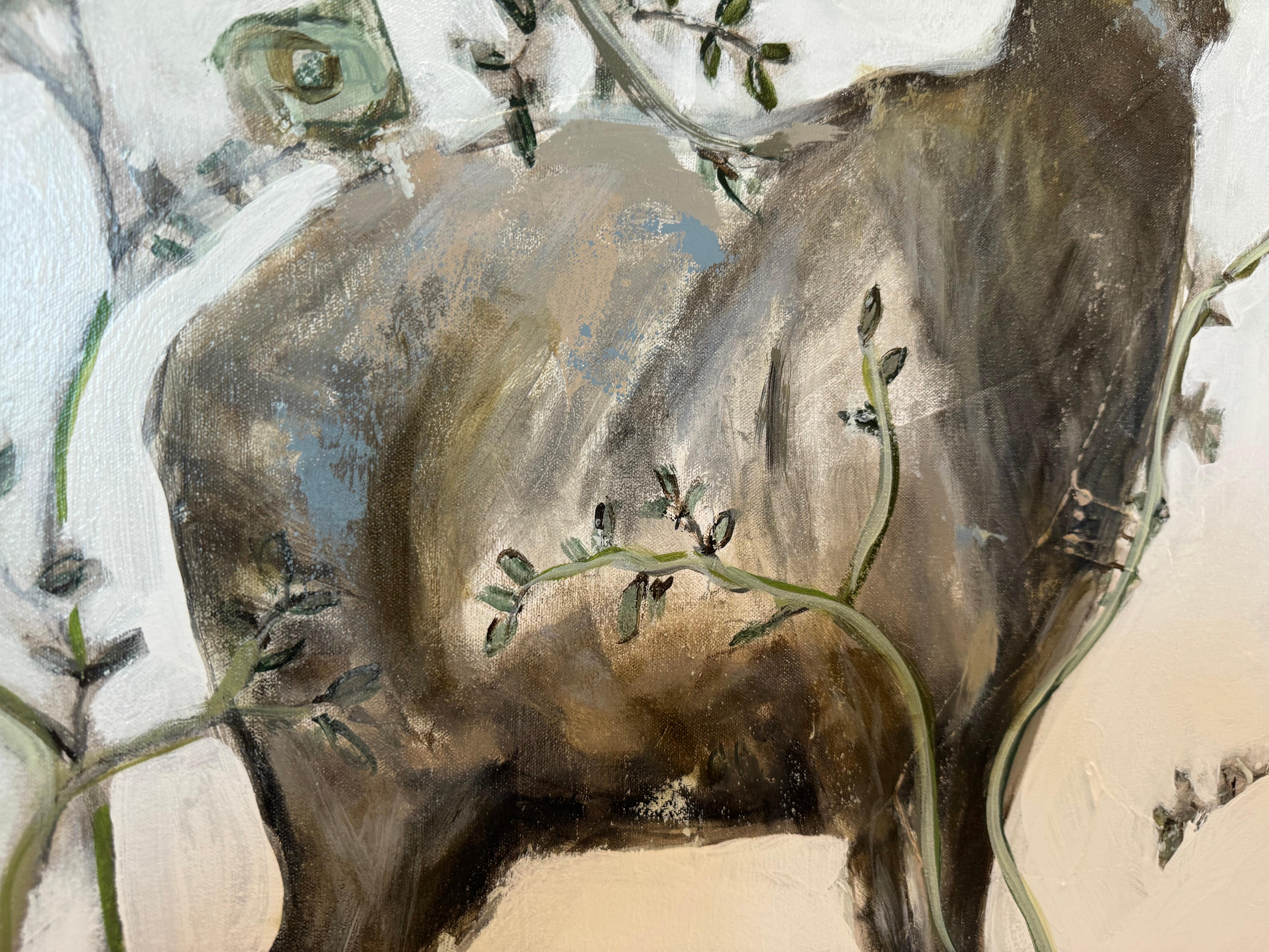 Giardino con cervo di Sarah Robertson, quadro quadrato a tecnica mista floreale, Buck Painting 3