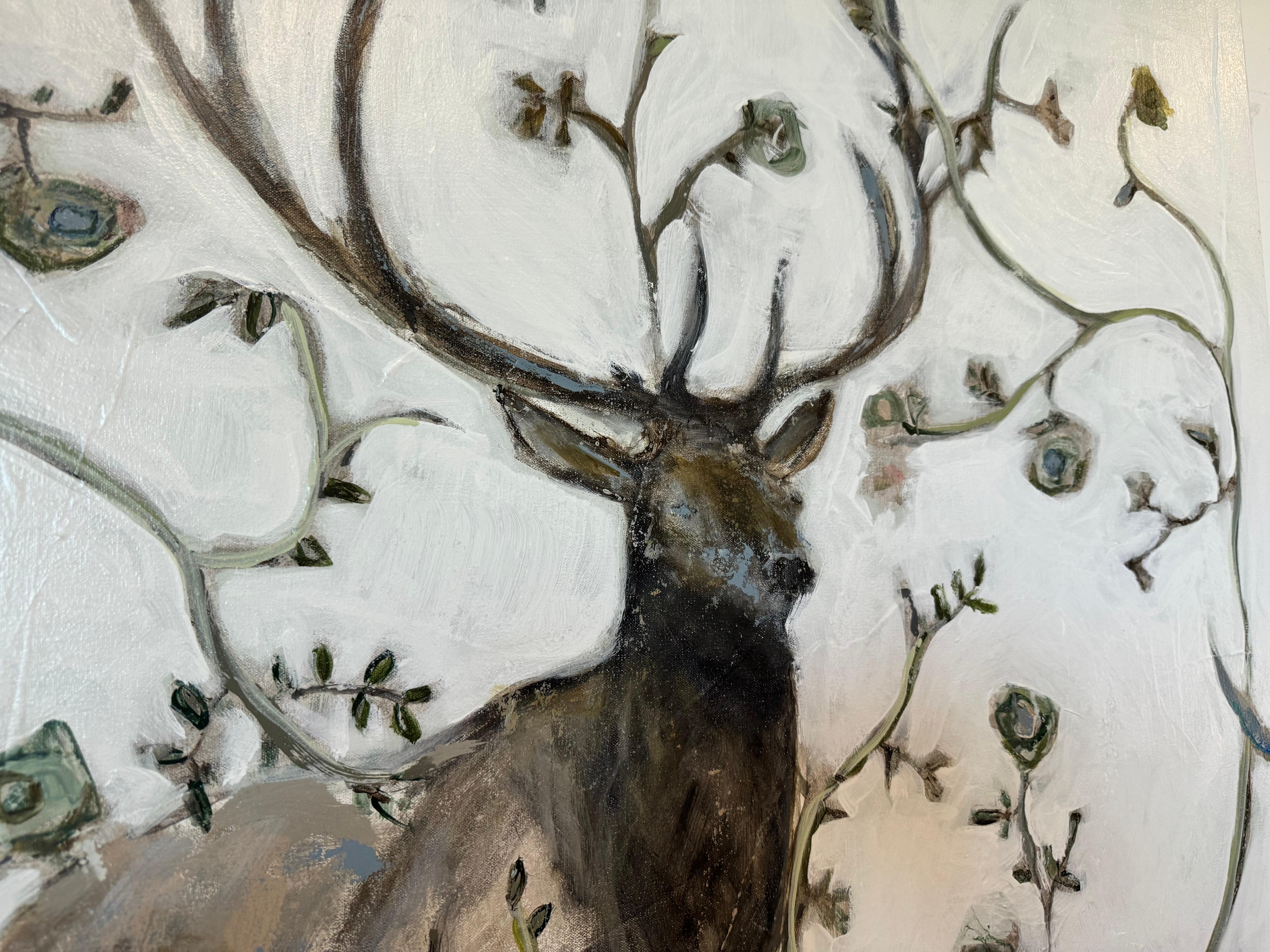 Giardino con cervo di Sarah Robertson, quadro quadrato a tecnica mista floreale, Buck Painting 4