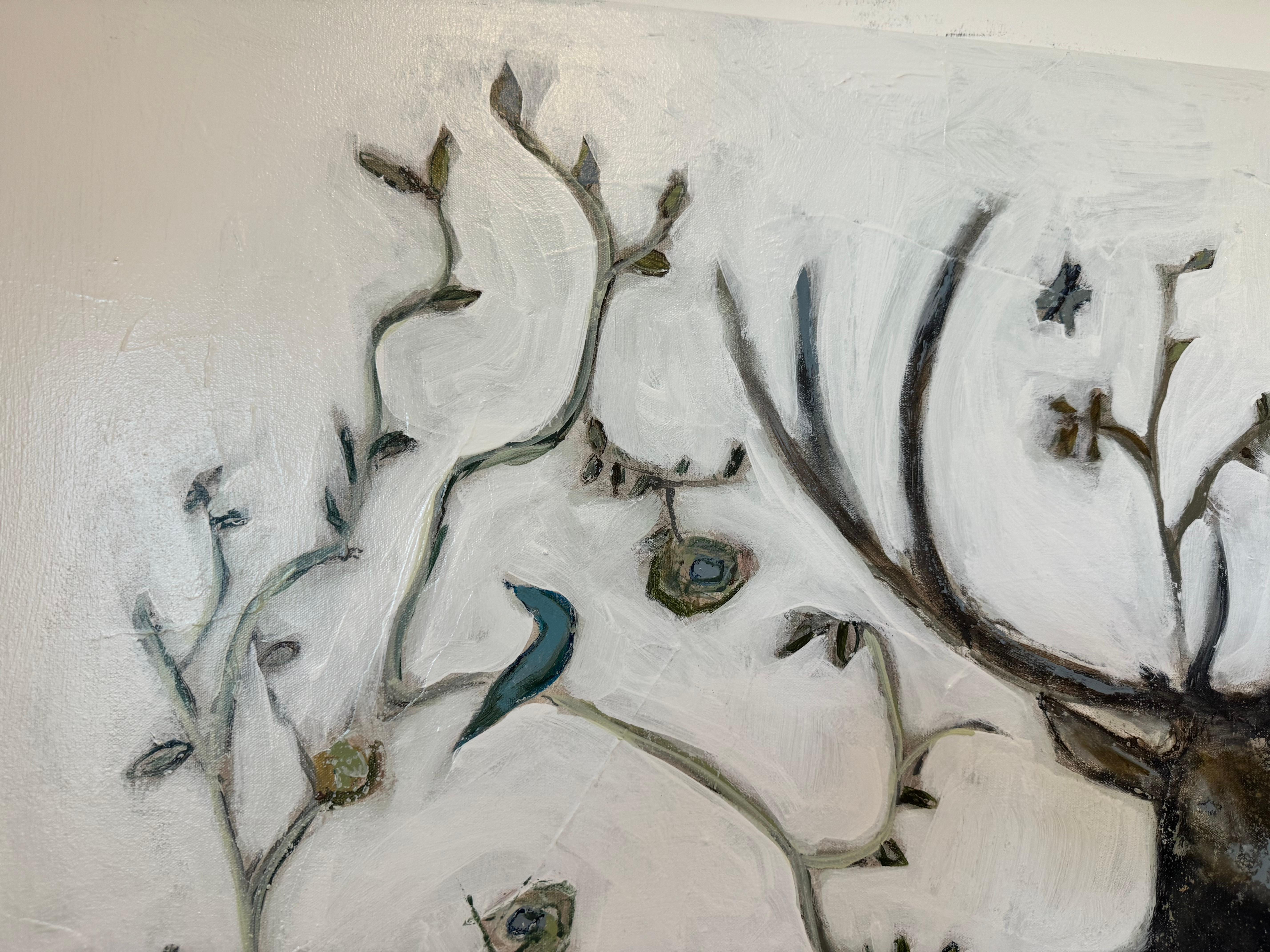 Giardino con cervo di Sarah Robertson, quadro quadrato a tecnica mista floreale, Buck Painting 5