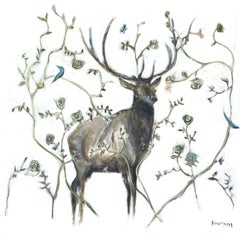 Garden with Stag by Sarah Robertson, Square Mixed Media Floral, Buck Painting 
