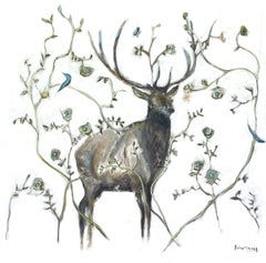 Giardino con cervo di Sarah Robertson, quadro quadrato a tecnica mista floreale, Buck Painting