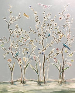 Happy Birds by Sarah Robertson, Vertical Mixed Media Floral Painting