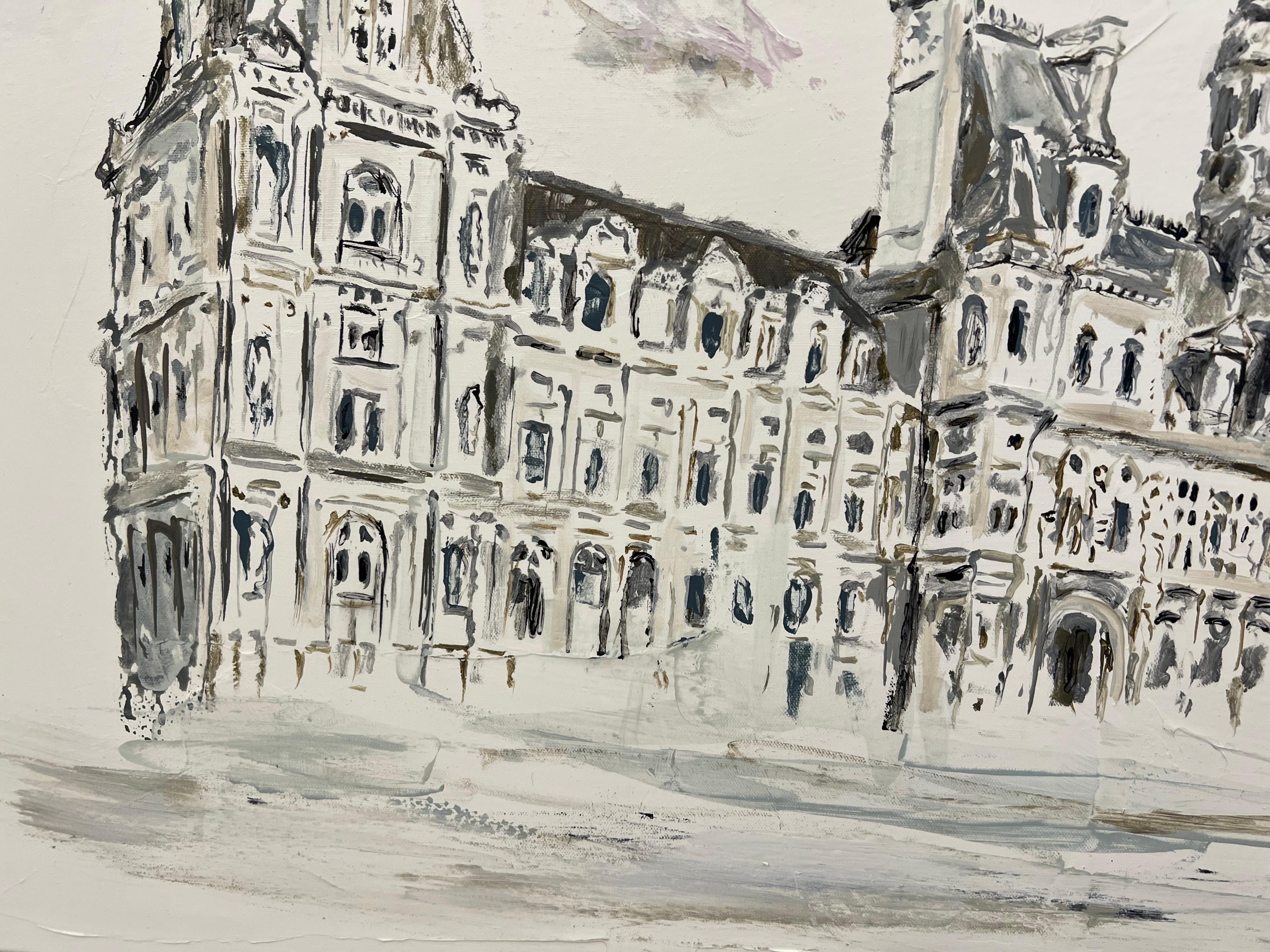 Hotel de Ville by Sarah Robertson, Impressionist Mixed Media Paris Painting For Sale 2
