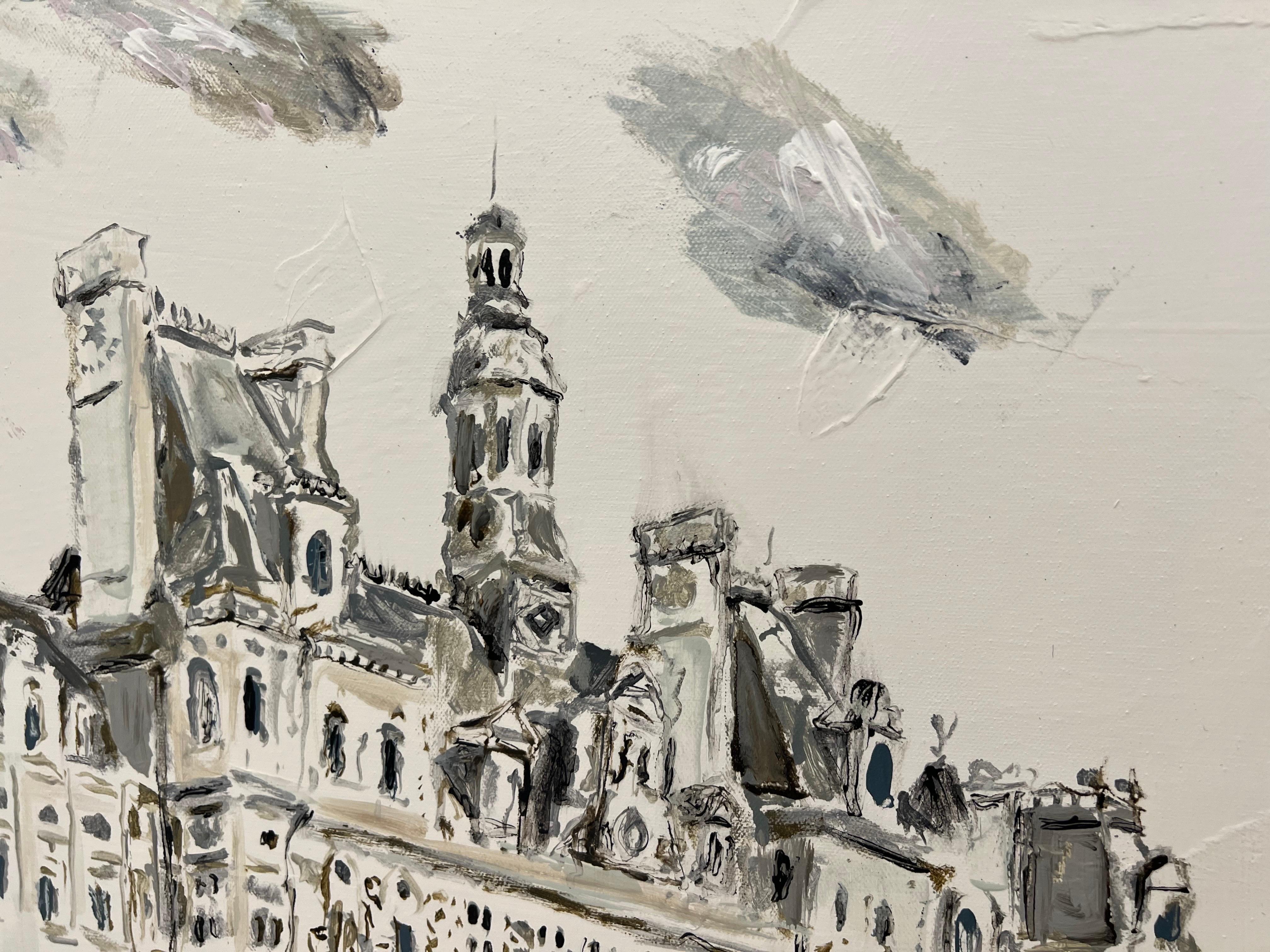 Hotel de Ville by Sarah Robertson, Impressionist Mixed Media Paris Painting For Sale 4