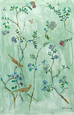 Le Jardin in Green I von Sarah Robertson, vertikales geblümtes Gemälde in Mischtechnik, Vertikales Gemälde 
