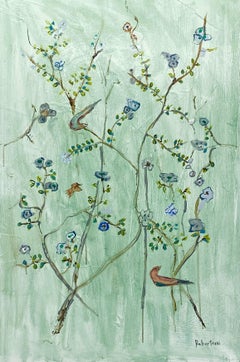 Le Jardin in Green II by Sarah Robertson, Vertical Mixed Media Floral Painting 