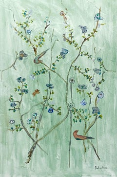 Le Jardin in Green II by Sarah Robertson, Vertical Mixed Media Floral Painting