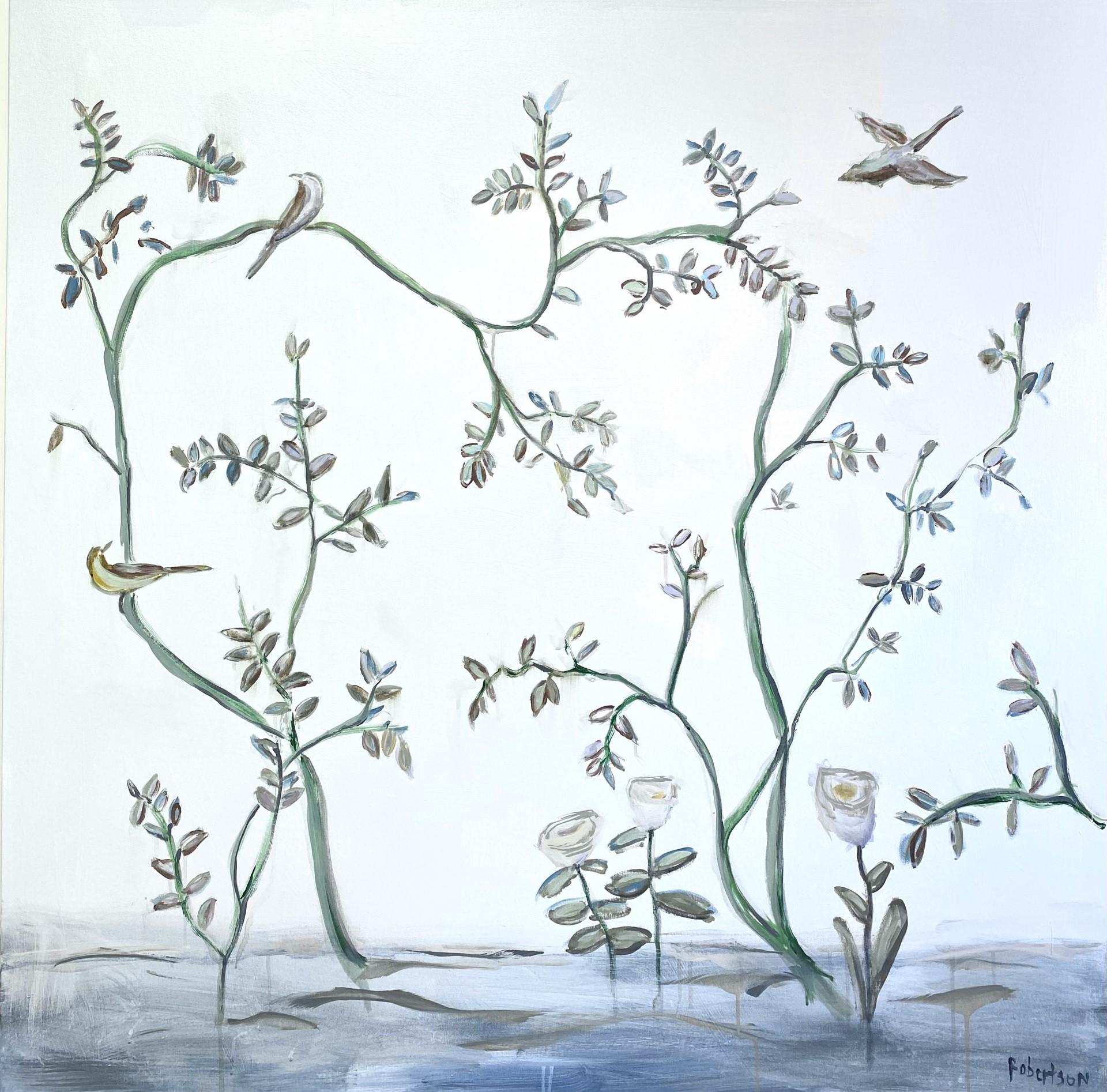 Morning Birds by Sarah Robertson, Large Square Mixed Media Floral Painting
