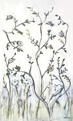 Natürlicher Garten von Sarah Robertson, großes vertikales Gemälde in Mischtechnik mit Blumenmuster