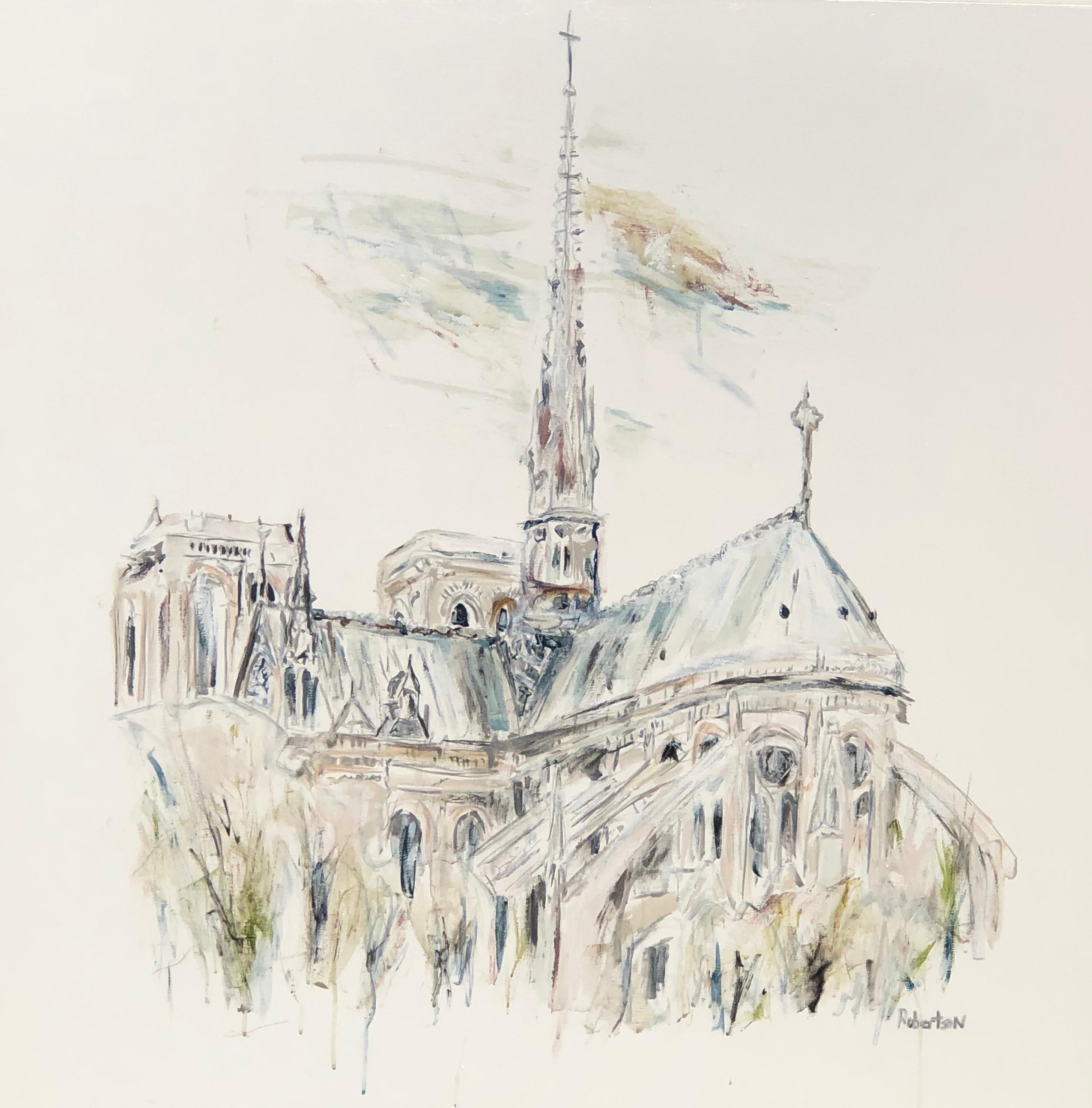 'Notre-Dame Morning' is a medium size Impressionist mixed media on canvas painting created by American artist Sarah Robertson in 2020. Witnessing a view that moves our hearts to the core and that now belongs to the past particularly when it comes to