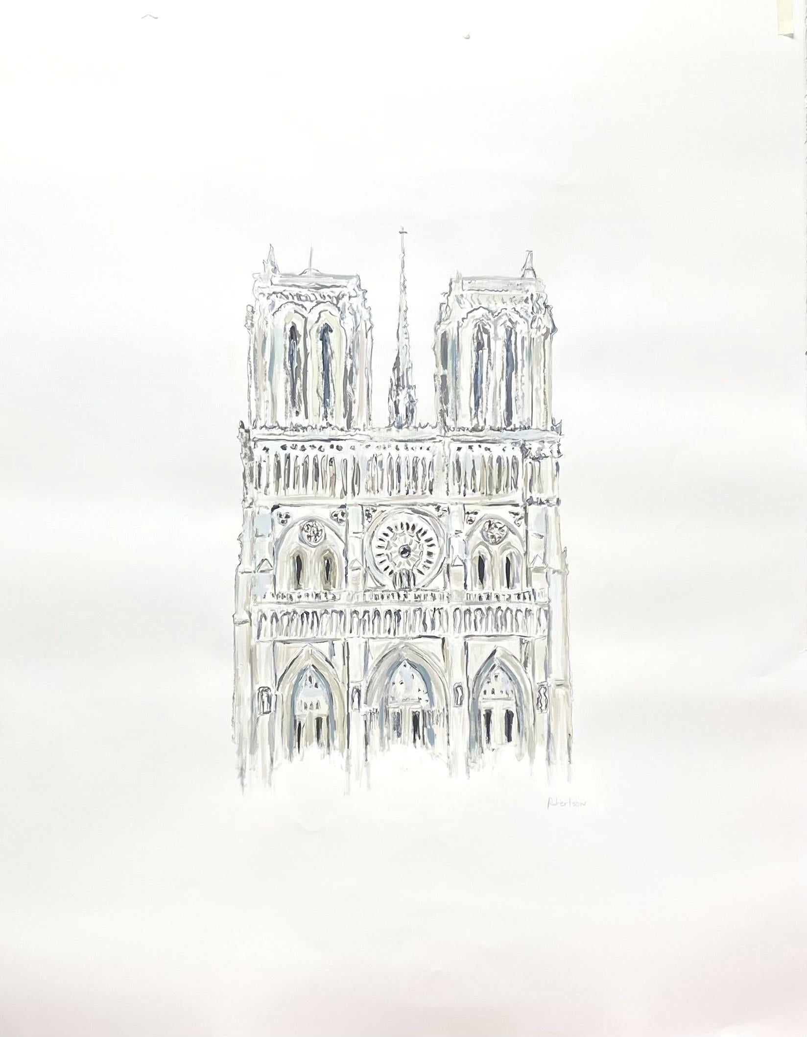 Sarah Robertson, Facciata occidentale di Notre Dame, 50 x 38 pollici, Tecnica mista su carta
Un suggestivo omaggio a Parigi, Notre Dame Western Facade raffigura una delle viste più iconiche della cattedrale con un tocco moderno. In quest'opera a