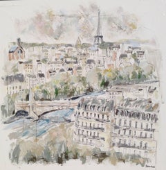 Paris on the River Seine, Square Mixed Media on Canvas Impressionist Painting