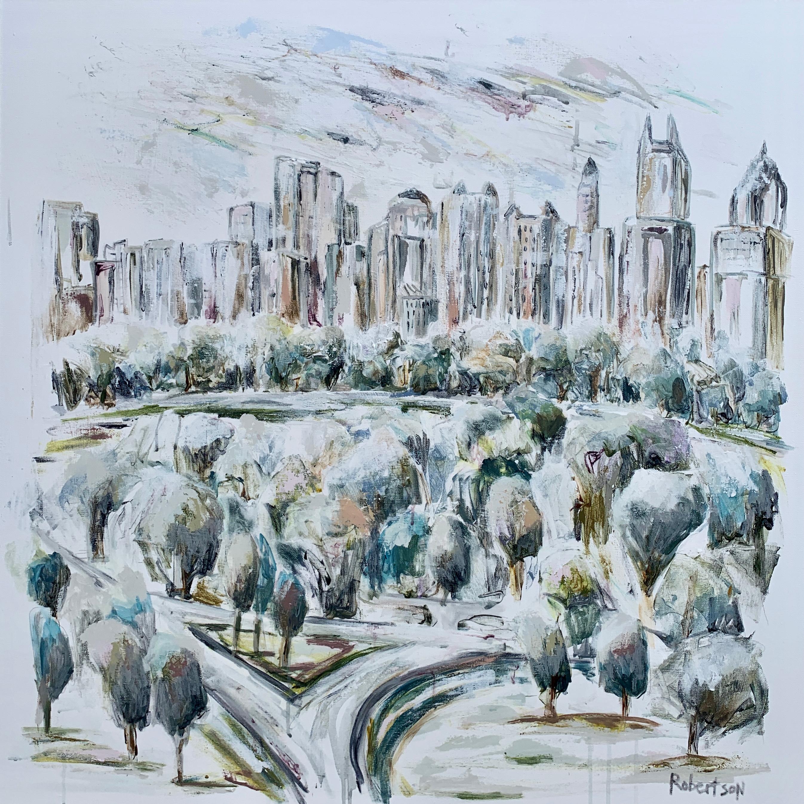 'Piedmont View' is a medium size Impressionist mixed media on canvas landscape painting created by American artist Sarah Robertson in 2019. Featuring a soft palette playing beautifully with negative space, the painting depicts the elegant skyline of