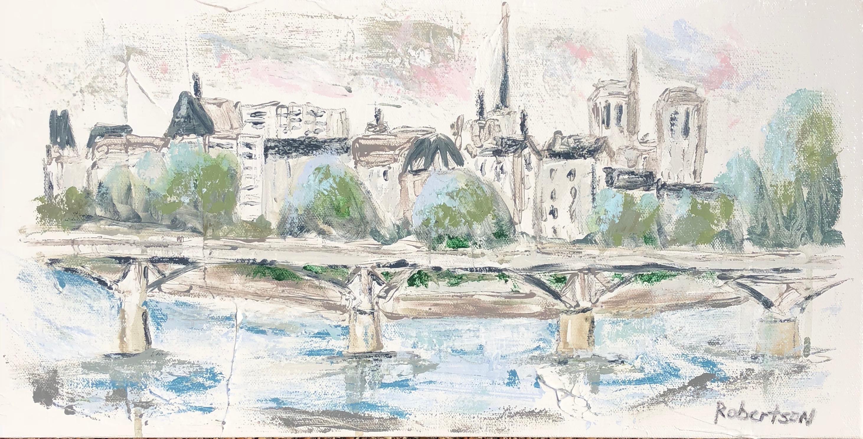 'Pont des Arts Over River Seine' is a small Impressionist mixed media on canvas painting created by American artist Sarah Robertson in 2018. Featuring a lovely Parisian scene, the painting presents a soft palette mostly made of white, grey, blue,