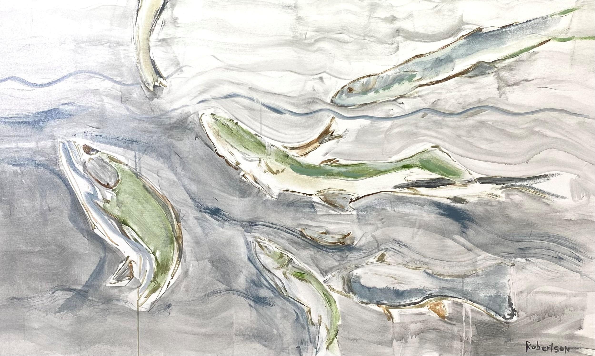 Bold color, layered texture, and whimsical design define River Fish II, a contemporary mixed media painting by Sarah Robertson. Inspired by aquatic life and natural landscapes, the composition celebrates movement and pattern through expressive