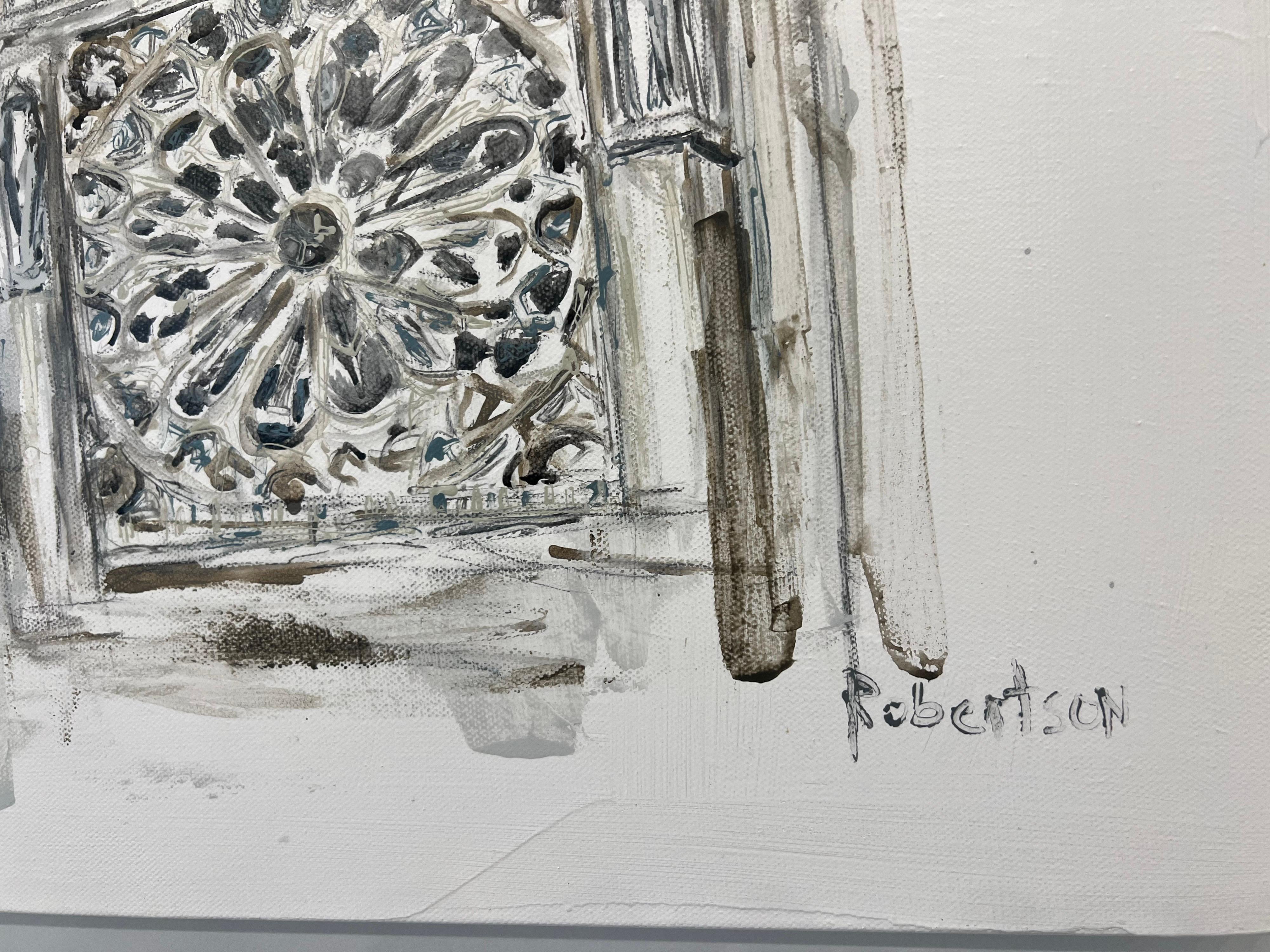 'Rose Window' is a petite Impressionist mixed media on canvas figurative painting created by American artist Sarah Robertson in 2021. Featuring an exquisite Notre Dame scene in Paris, the painting depicts a view of the rose window on Notre Dame. The