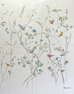 The Garden de Sarah Robertson, grande peinture florale verticale en techniques mixtes 