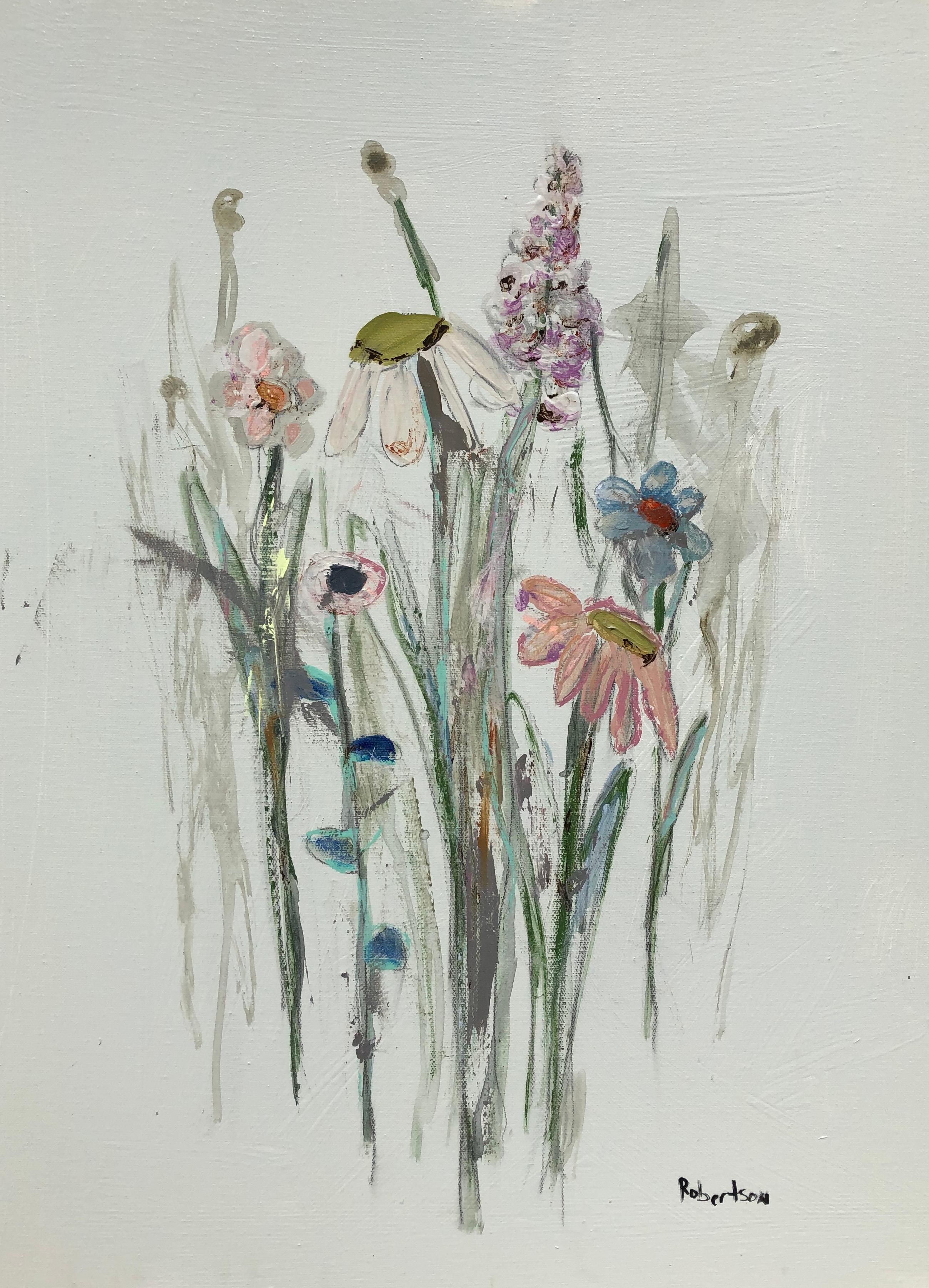 'The Glory of the Garden II' is a medium size Impressionist mixed media on canvas floral painting of vertical format, created by American artist Sarah Robertson in 2019. Painted on a white background allowing our eye to focus on the subject