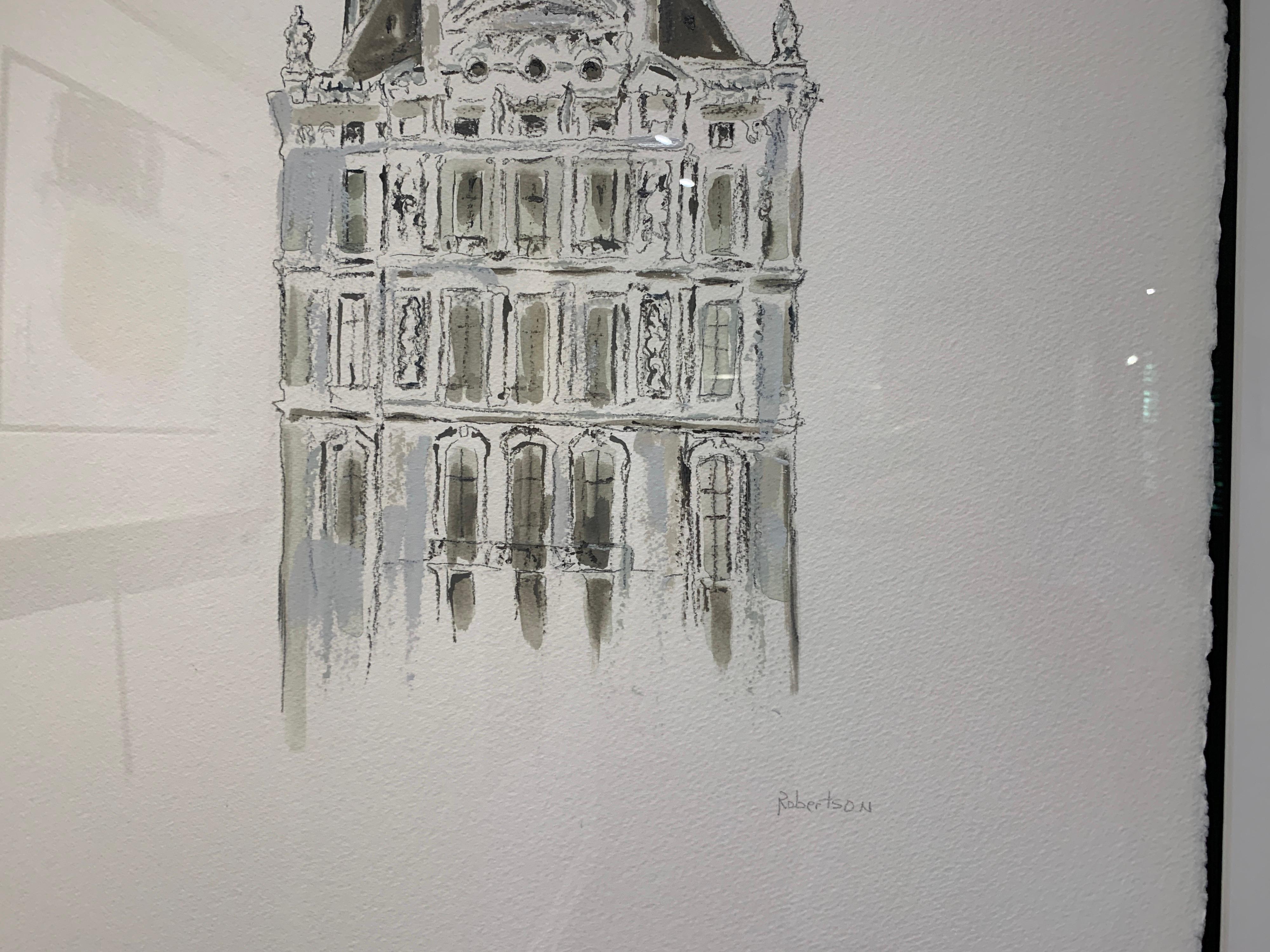 The Louvre by Sarah Robertson Paris Painting on Paper with Black and White For Sale 1