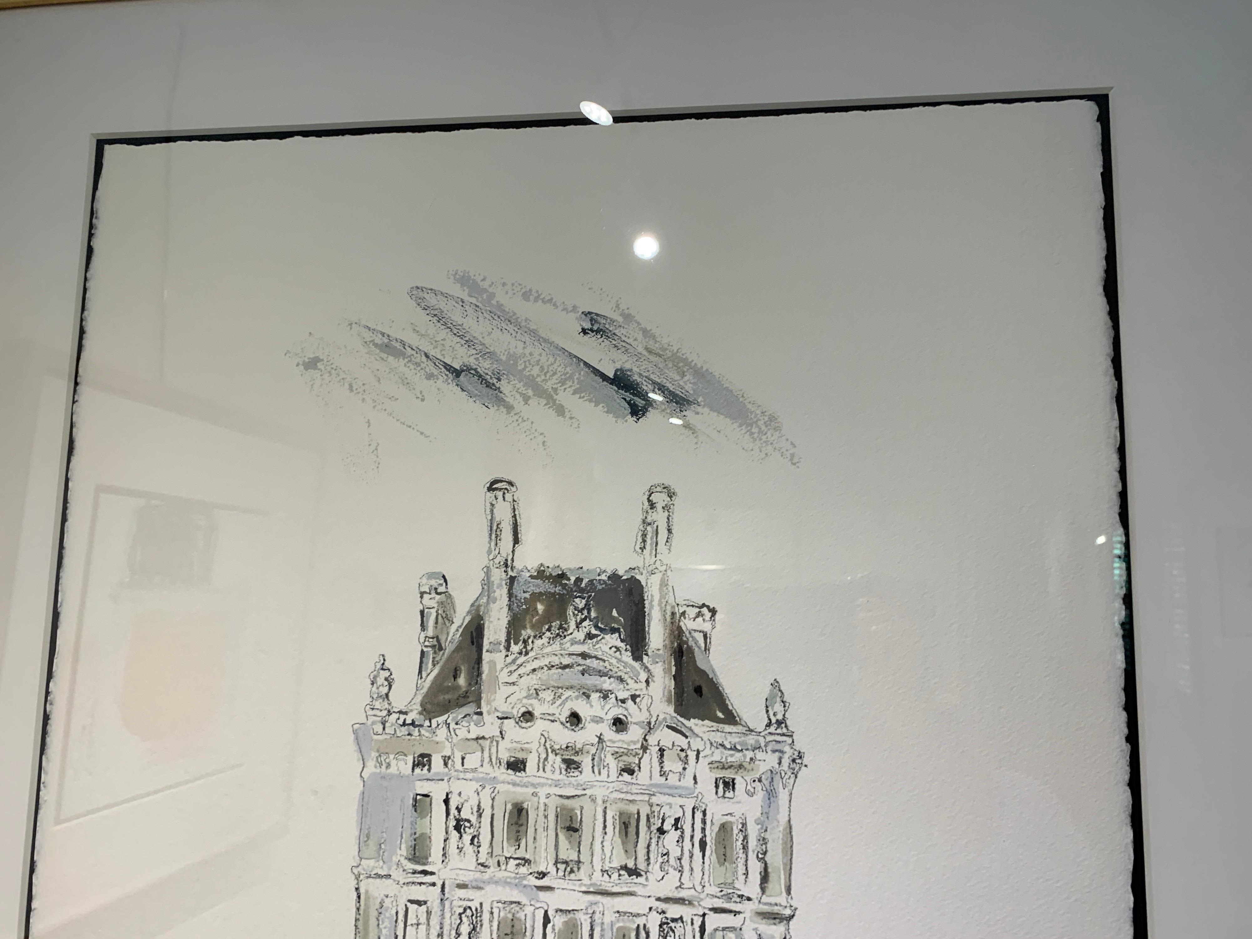 The Louvre by Sarah Robertson Paris Painting on Paper with Black and White For Sale 3