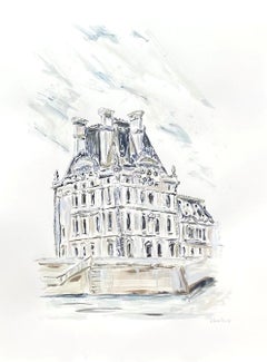 Le Louvre, vue de la rivière Seine par Sarah Robertson, peinture sur papier de Paris
