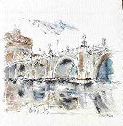 Peinture de la rivière Tiber, château des Anges, vue de Rome par Sarah Robertson, Italie