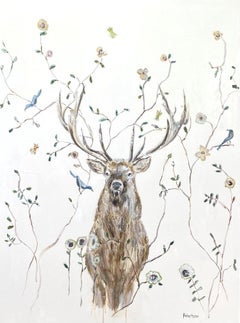 Un Cerf Avec des Oiseaux, Contemporary Deer Mixed Media Painting