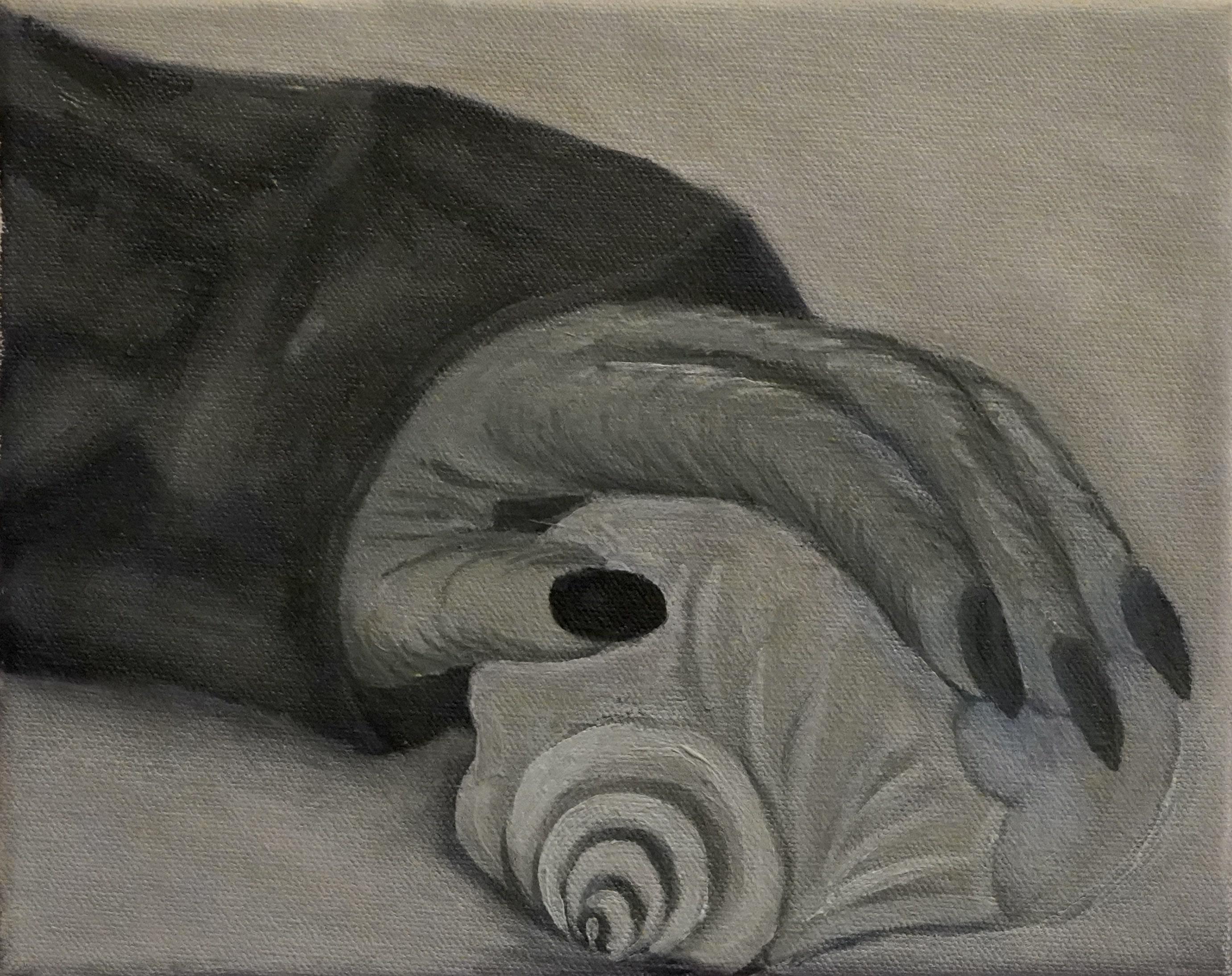 Sarah Rozell White Figurative Painting - Black and White, Oil Painting, Small, Hand, Shell, 