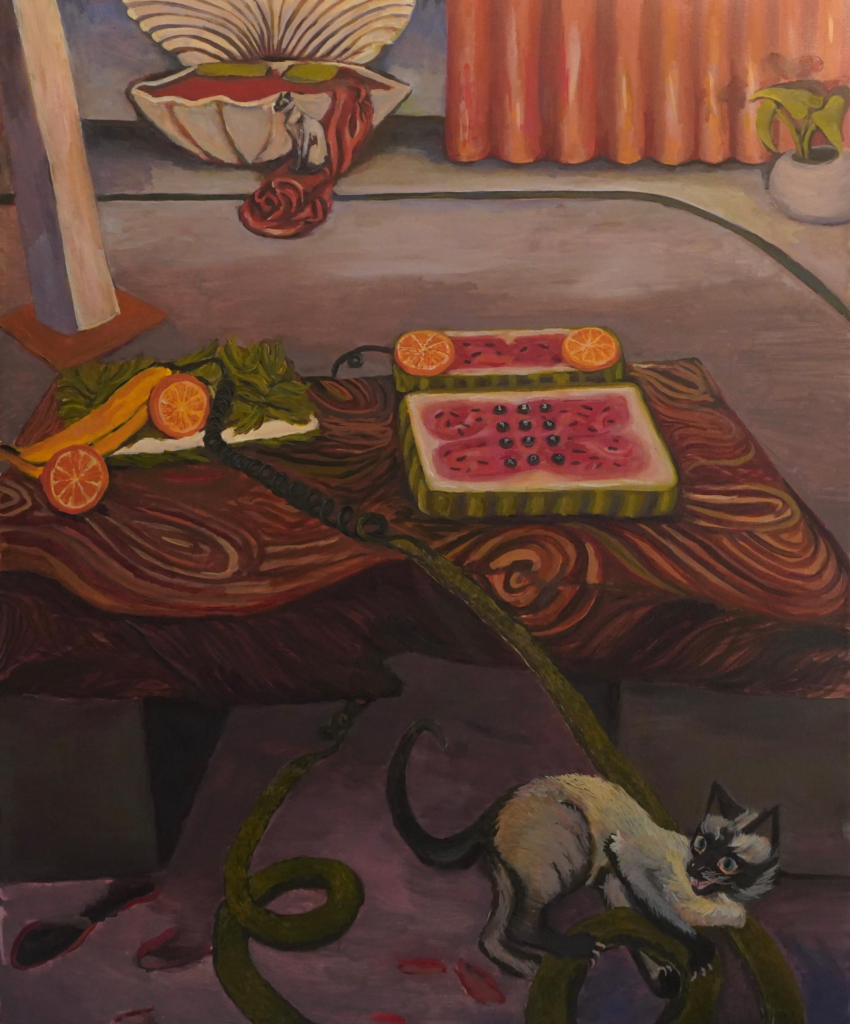 Sarah Rozell White Interior Painting - Oil Painting, Interior View Painting, Cat Painting, Pop Art