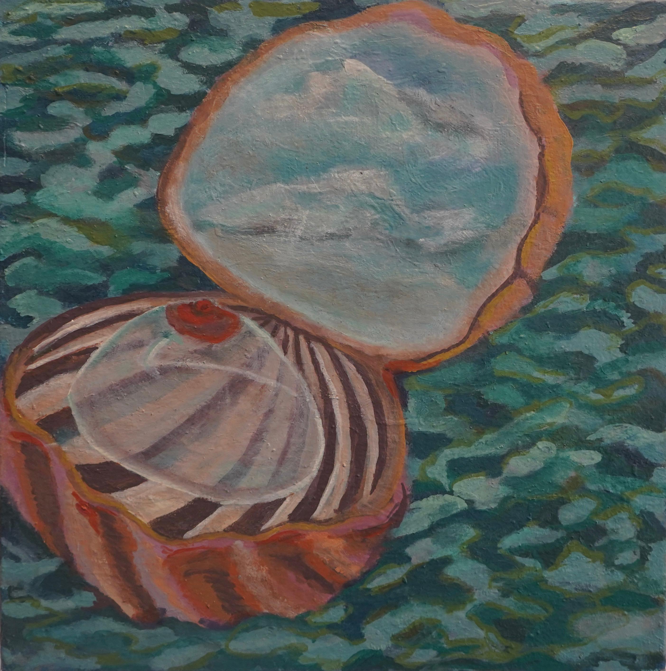Sarah Rozell White Figurative Painting - Shell, Sea Life, Humor, Pop Culture, Surrealist, Small Oil Painting