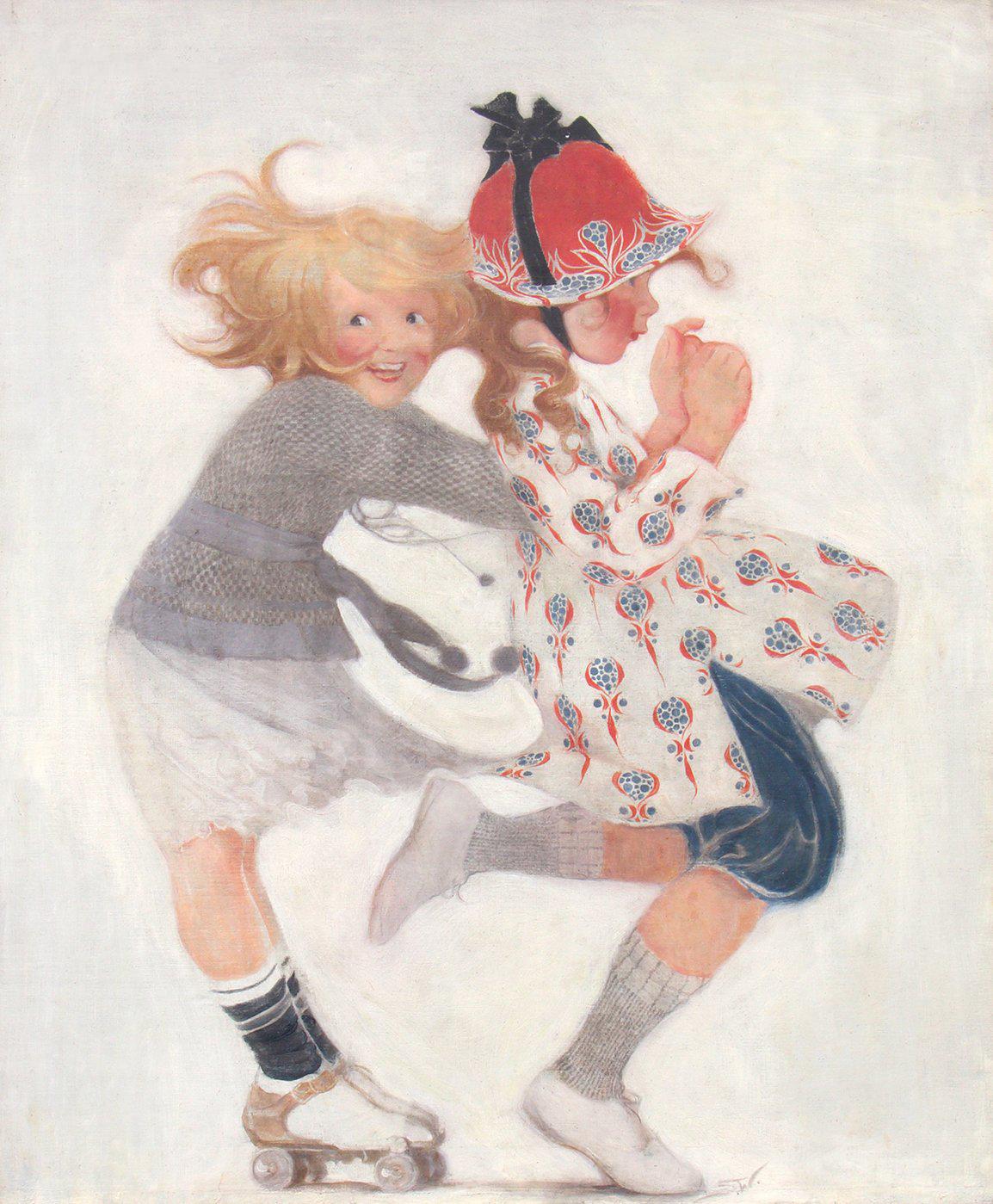 Figurative Painting di Sarah S. Stilwell Weber - Pattinaggio a rotelle, copertina del Saturday Evening Post, 12 luglio 1919
