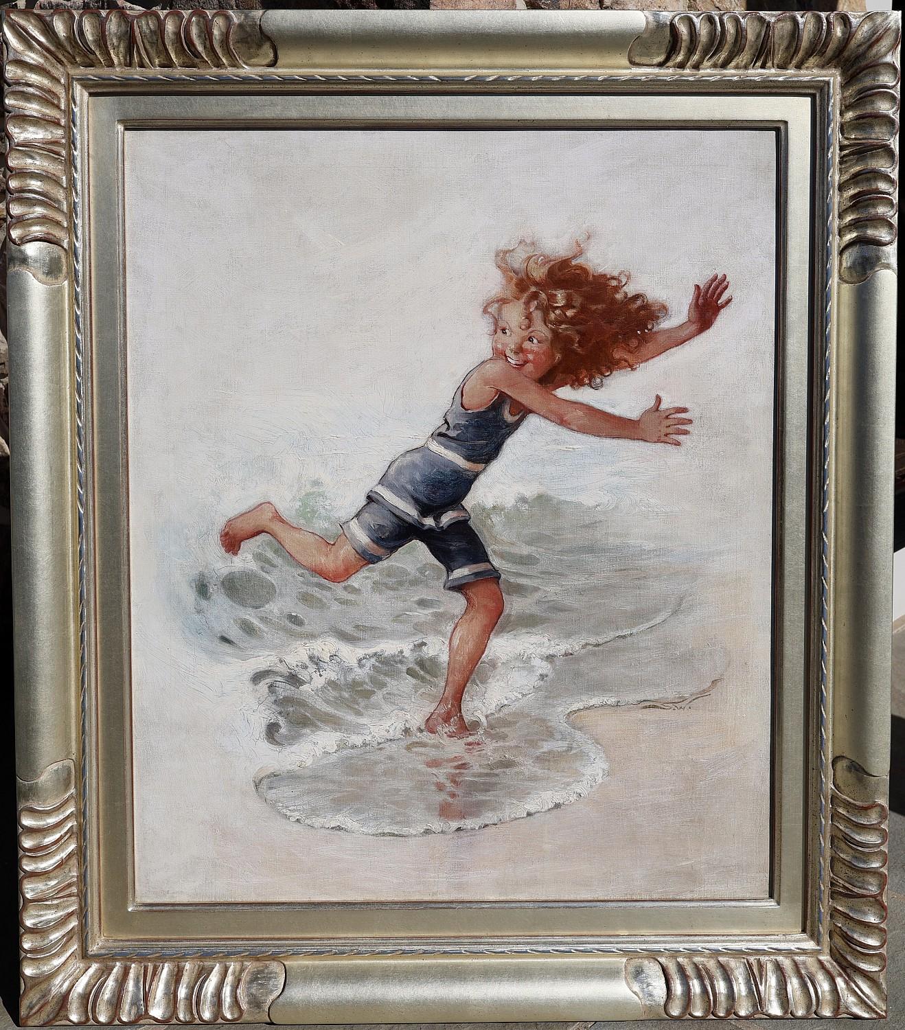 Una bambina che scappa dalle onde, copertina originale per The Saturday Evening Post - Painting di Sarah S. Stilwell Weber