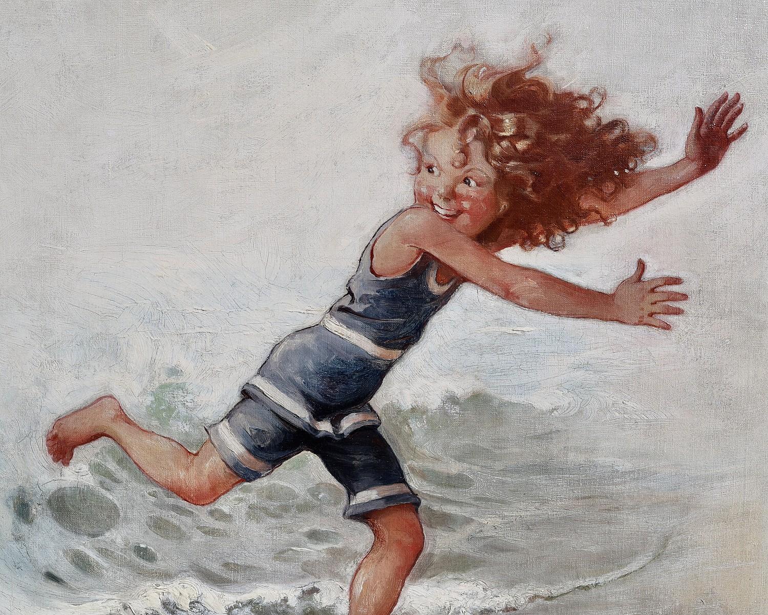 Una bambina che scappa dalle onde, copertina originale per The Saturday Evening Post - Figurative Painting Grigio di Sarah S. Stilwell Weber