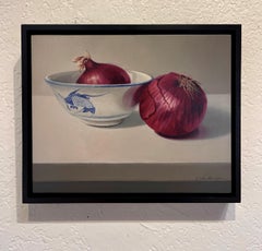 "Two Red Onions" - Realist Still-Life of Fine China and Onions, Oil Painting