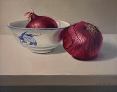 "Two Red Onions" - Realist Still-Life of Fine China and Onions, Oil Painting