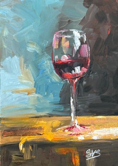 Una copa de vino tinto, bodegón de interior, estudio de pintura al óleo, panel de lienzo, 2026