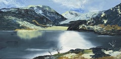 Étude panoramique d'un lac de montagne à Snowdonia, au Pays de Galles, sous la neige, huile sur toile