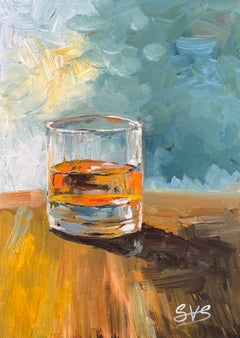 Whisky en un vaso de cristal, naturaleza muerta de interior, pintura al óleo sobre lienzo, 2026