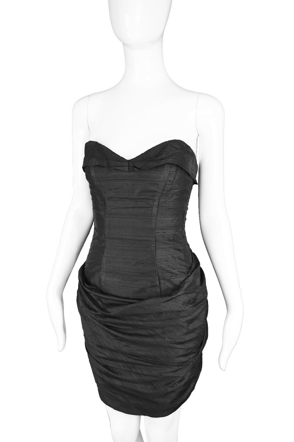 Women's Sarah Whitworth Pure Silk Dupion Black & White Gothic Bustle Vintage Party Dress