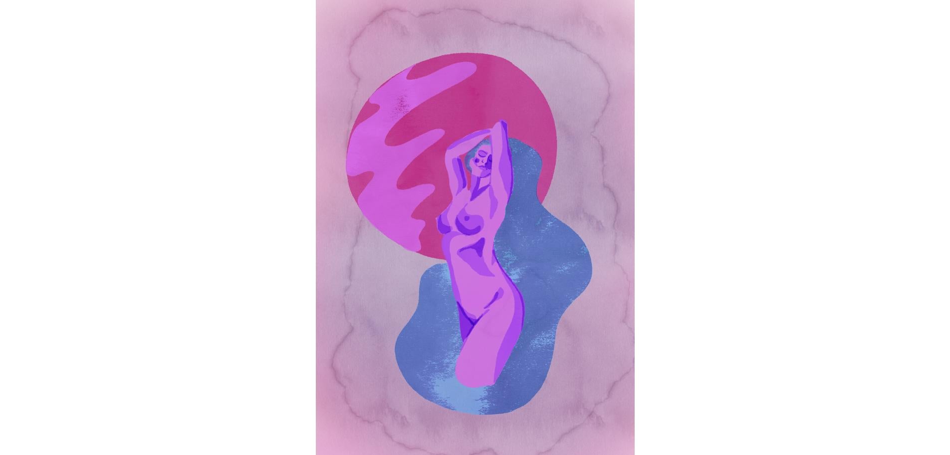 Neptune, peinture figurative d'art numérique, estampe sur papier, portrait de femme nue - Print de SarahGrace