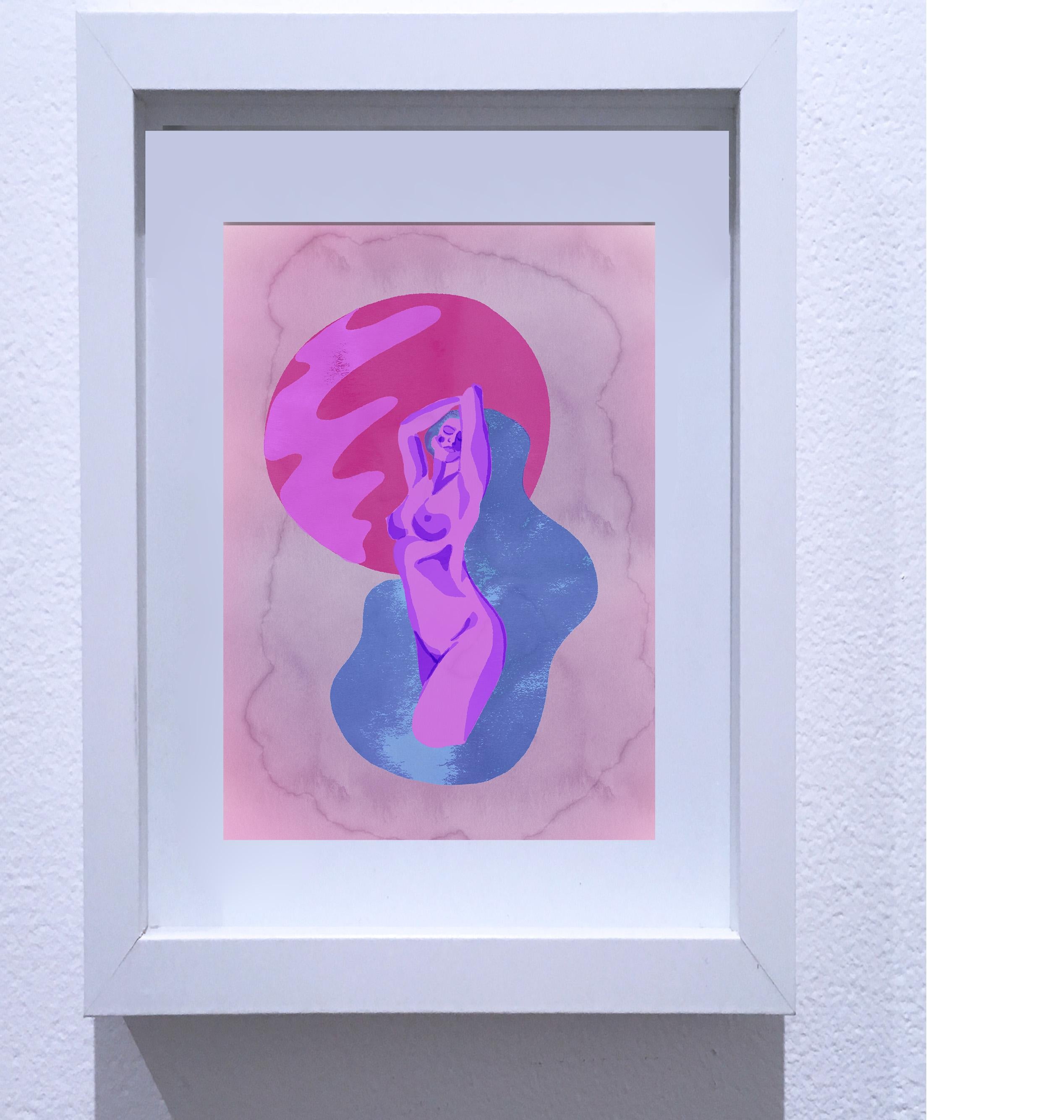 Neptune, peinture figurative d'art numérique, estampe sur papier, portrait de femme nue en vente 1