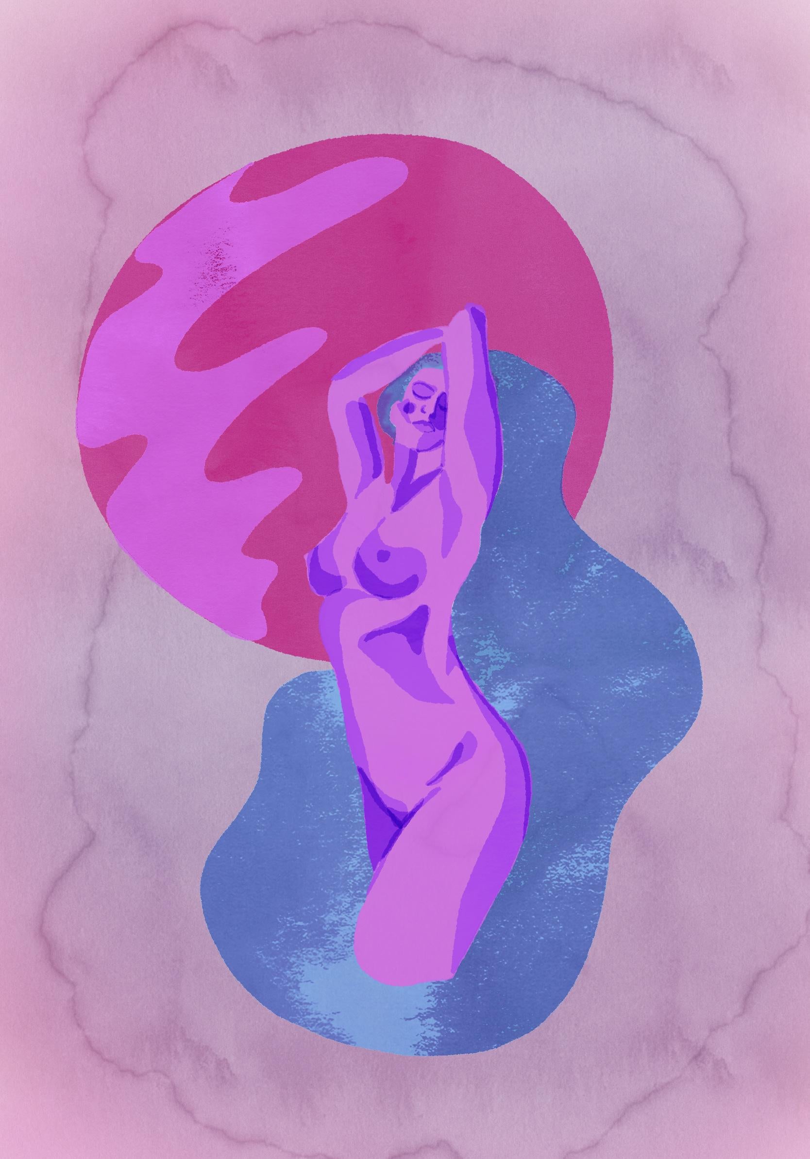 Neptune, Digitale Kunst, figuratives Gemälde, Druck auf Papier, Aktporträt, Frau