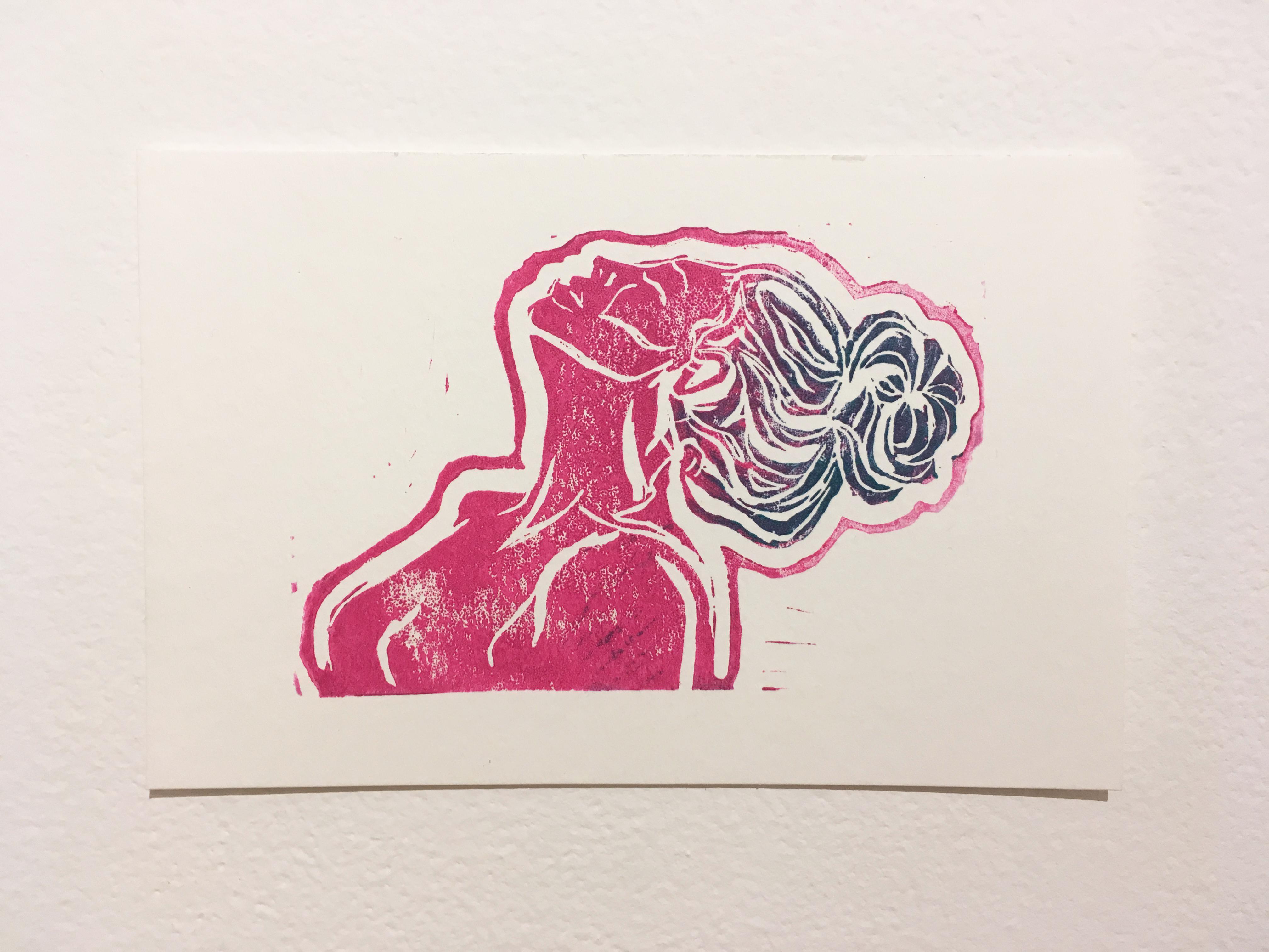 Pink Lady IV, Block Print on Paper, Woman Portrait with Hair in Bun, Nude Figure - Beige Nude Print by SarahGrace