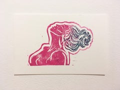 Pink Lady IV, Block Print on Paper, Woman Portrait with Hair in Bun, Nude Figure