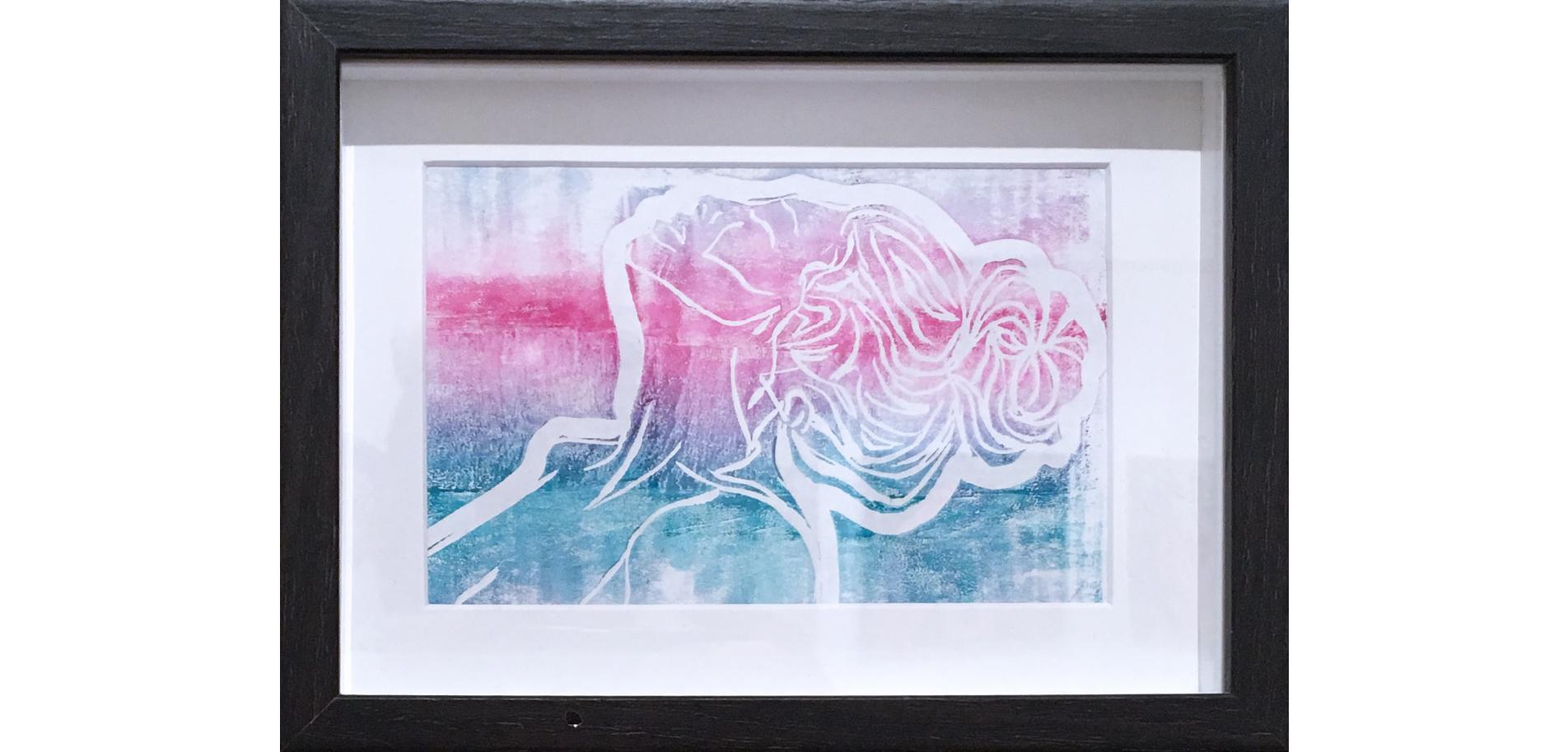 Pink Lady IV, Block Print on Paper, Woman Portrait with Hair in Bun, Nude Figure For Sale 1