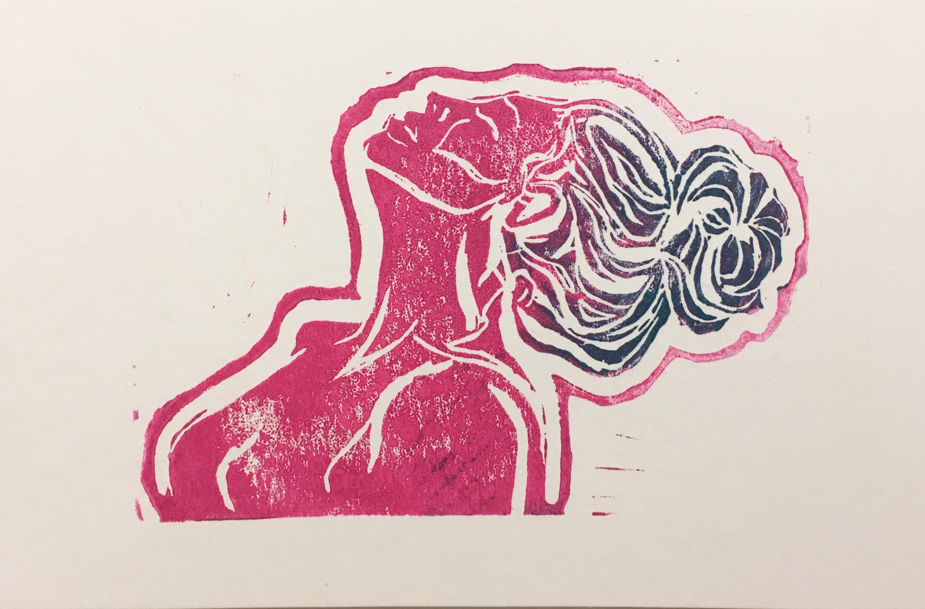 SarahGrace Nude Print - Pink Lady IV, Block Print on Paper, Woman Portrait with Hair in Bun, Nude Figure