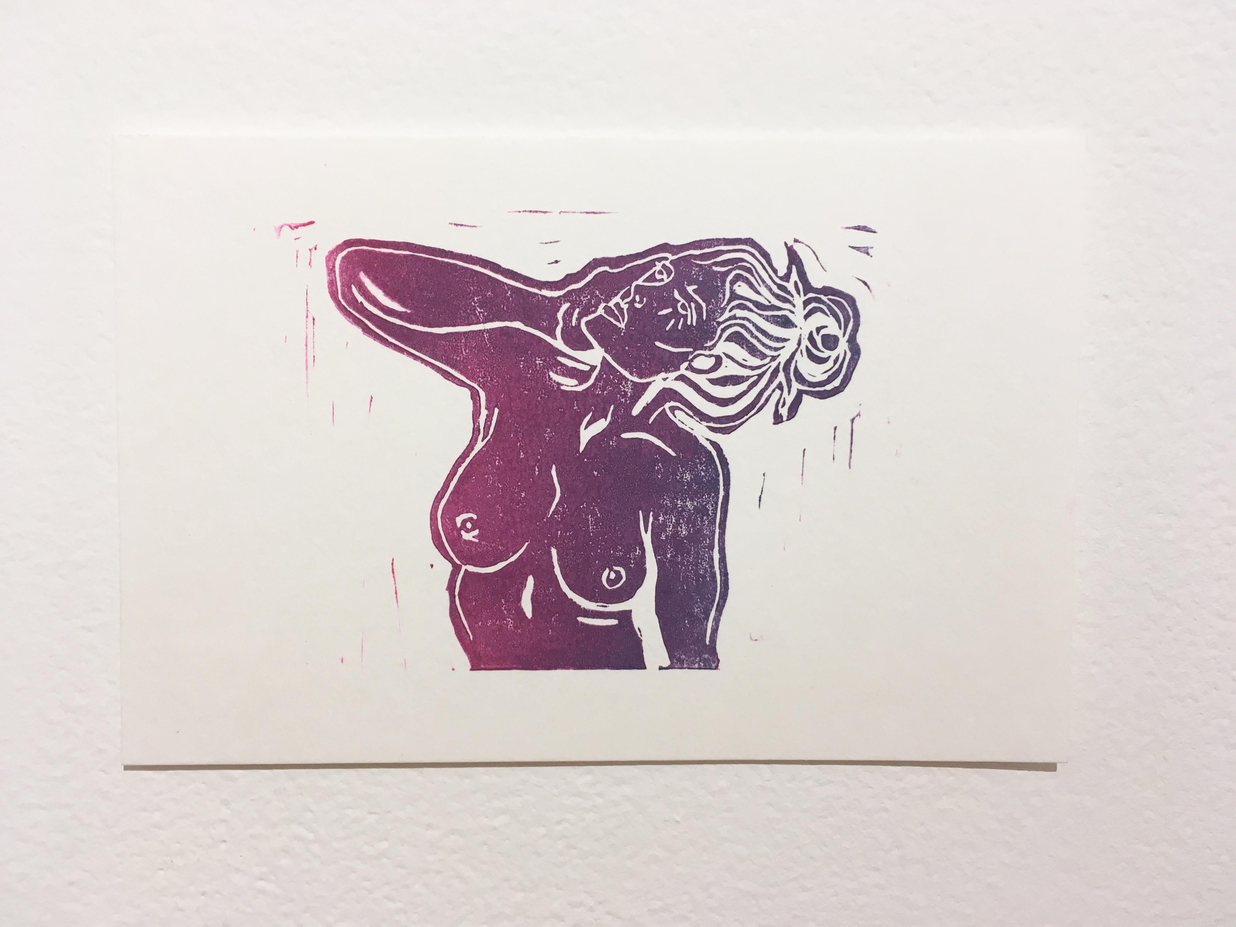 Pink Lady IX, Block Print on Paper, Purple & Magenta Woman Portrait, Nude Figure - Gray Nude Print by SarahGrace