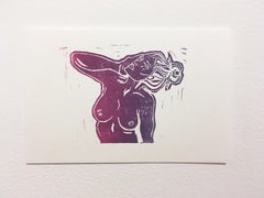 Pink Lady IX, Block Print on Paper, Purple & Magenta Woman Portrait, Nude Figure