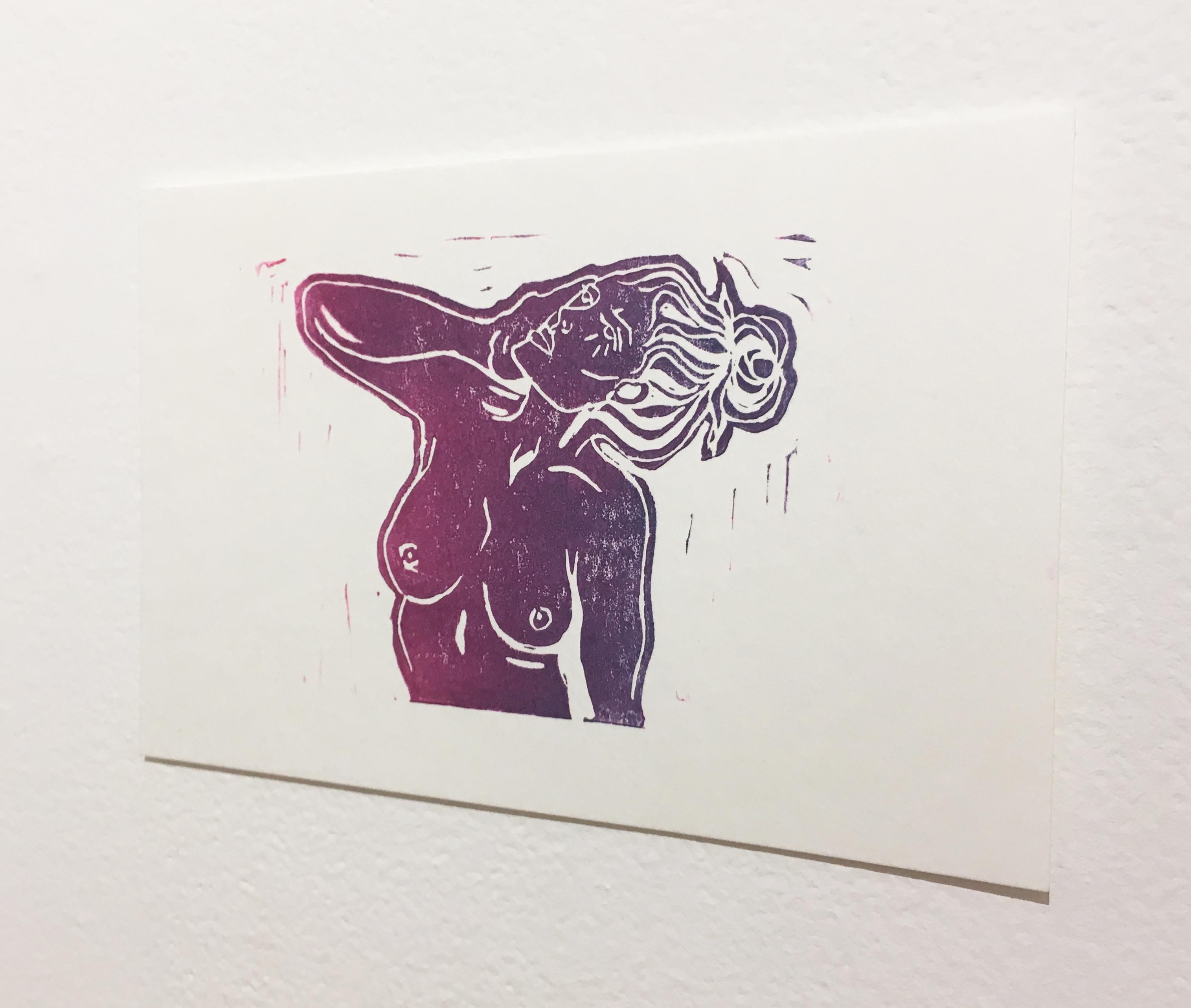 Pink Lady IX, Block Print on Paper, Purple & Magenta Woman Portrait, Nude Figure For Sale 1