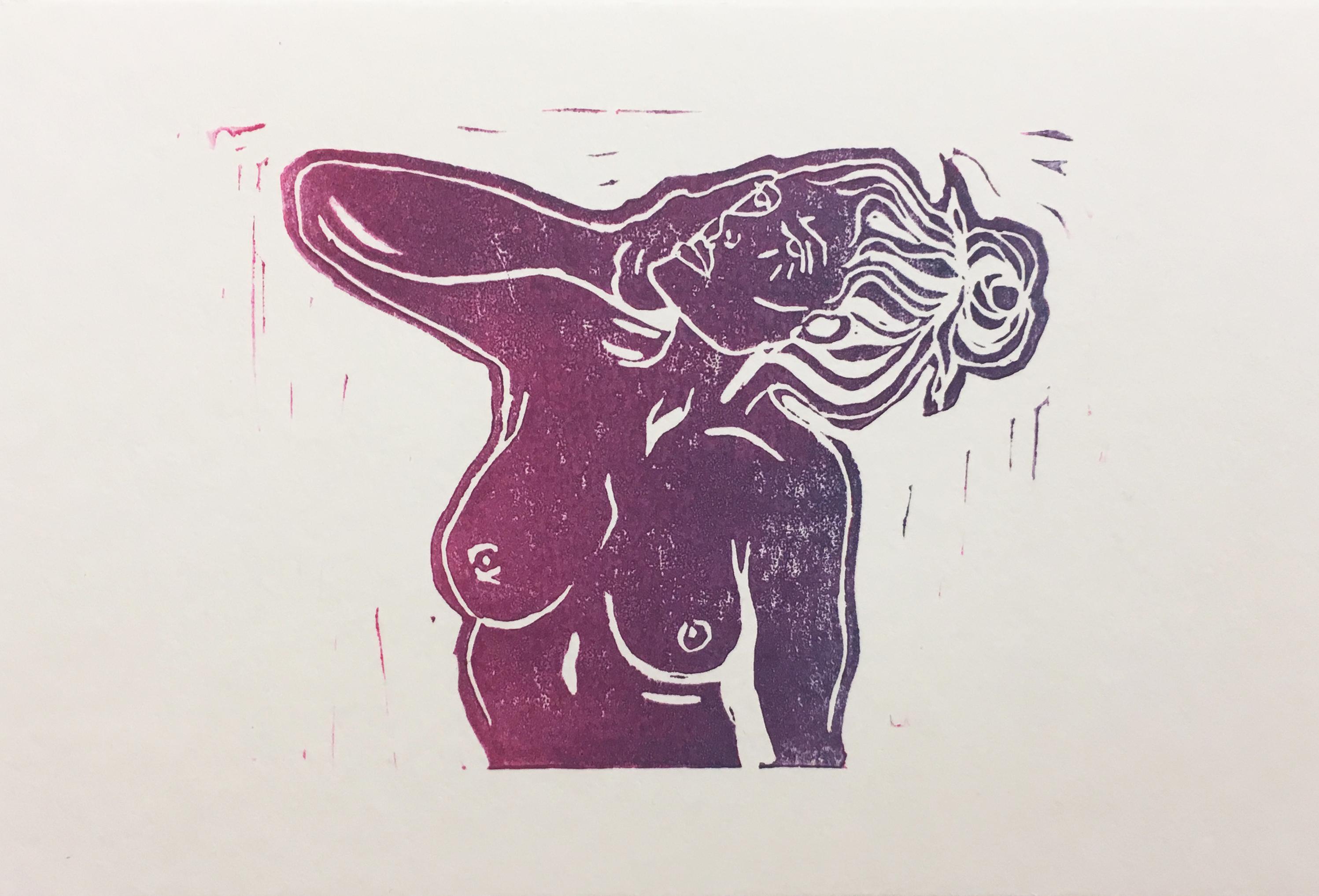 Pink Lady IX, Block Print on Paper, Purple & Magenta Woman Portrait, Nude Figure